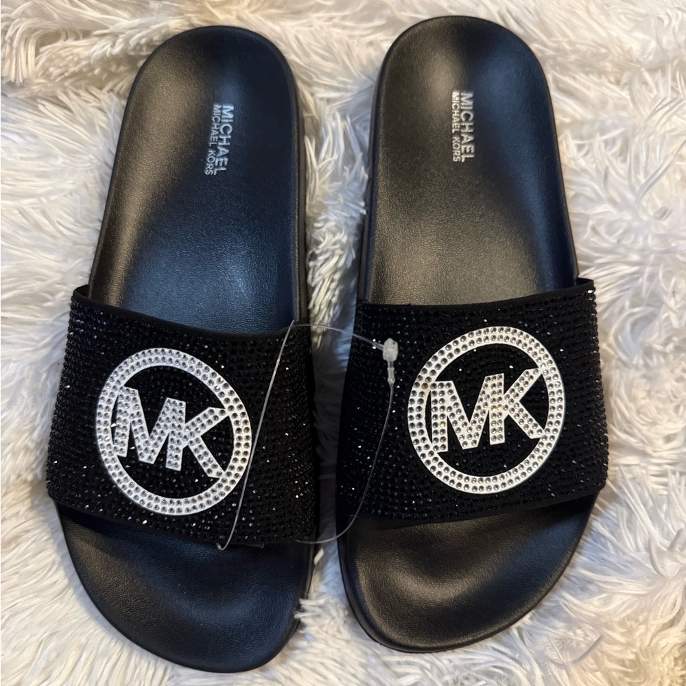Michael Kors Black Crystal MK Logo Slide Sandals